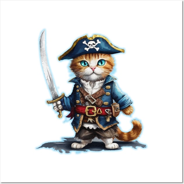Cute street cat wearing a a pirate outfit and a sword Wall Art by JnS Merch Store